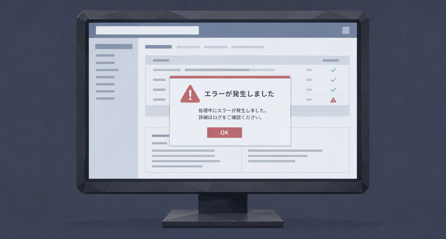 RPAの画面にエラーが表示されて処理が止まっているイメージ