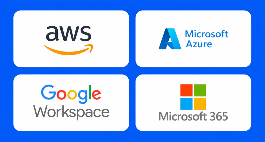 AWS、Microsoft Azure、Google Workspace、Microsoft 365のロゴ