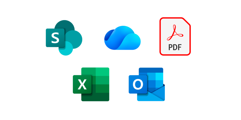 SharePoint、OneDrive、PDF、Excel、Outlookのロゴ